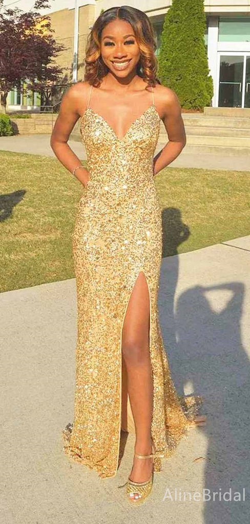 Sparkly Gold V-neck Spaghetti Strap Side Slit Mermaid Long Prom Dress, Evening Gown, PD381834