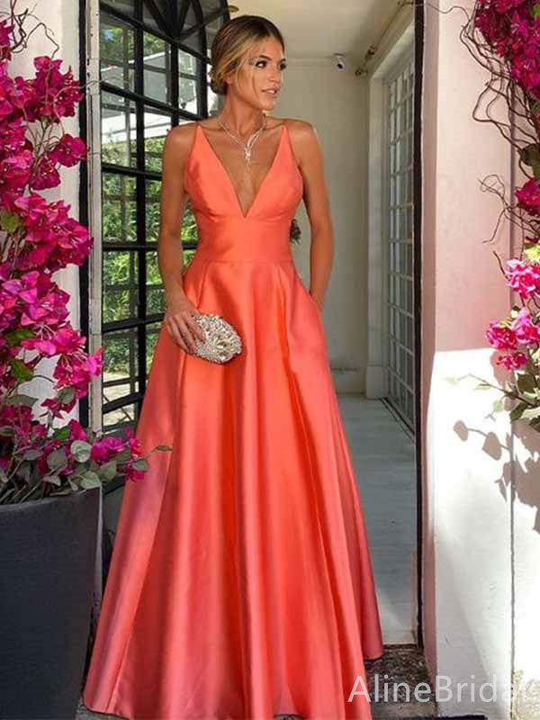 Elegant Coral V-neck A-line Long Prom Dress, Evening Dress, PD381836