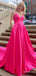 Elegant Hot Pink V-neck Spaghetti Strap A-line Long Prom Dress, PD381838