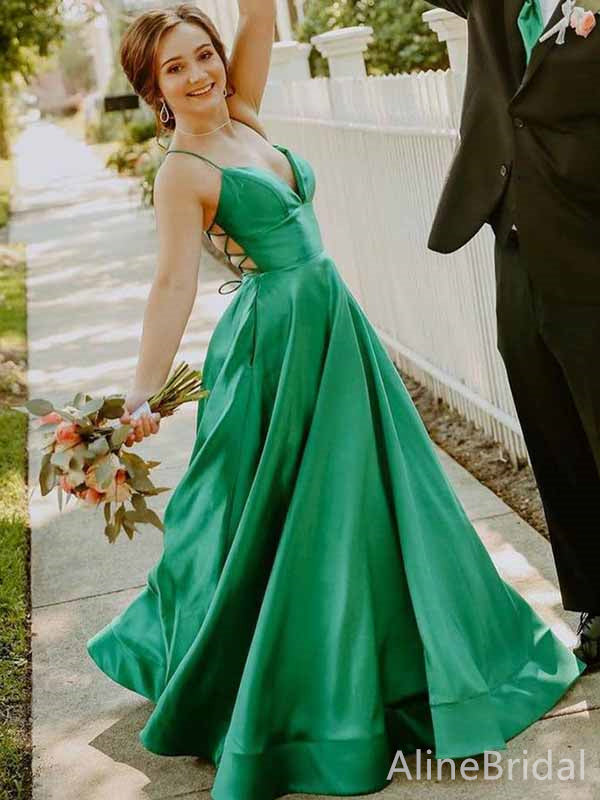 Gorgeous Green V-neck Spaghetti Strap Lace UP Back A-line Long Prom Dress,PD381840