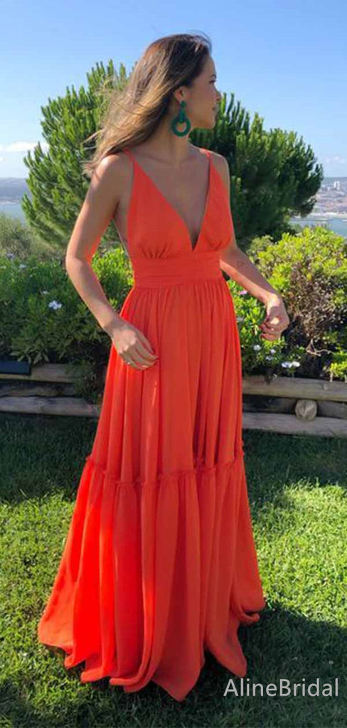 Stunning Coral Red V-neck A-line Long Prom Dress, Evening Dress, PD381855