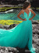 Gorgeous V-neck Teal Green Lace Applique A-line Long Prom Dress with Slit, PD381858