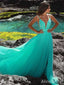Gorgeous V-neck Teal Green Lace Applique A-line Long Prom Dress with Slit, PD381858