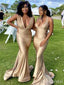 Sexy Champagne Deep V-neck Mermaid Long Bridesmaid Dress, PD3297
