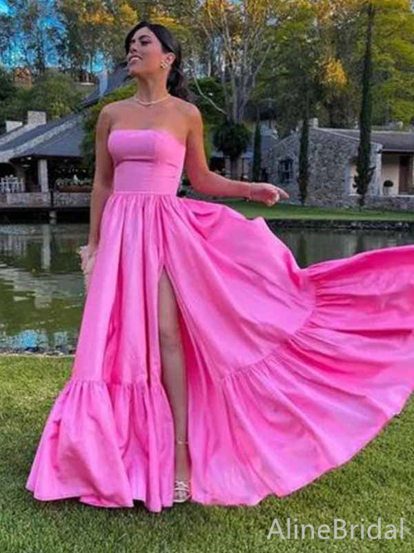 Elegant Pink Strapless Split Side A-line Long Prom Dress, Evening Dress, PD381866
