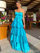 Gorgeous Blue Strapless A-line Long Tiered Prom Dress with Handmade Flower, Evening Dress, PD381869
