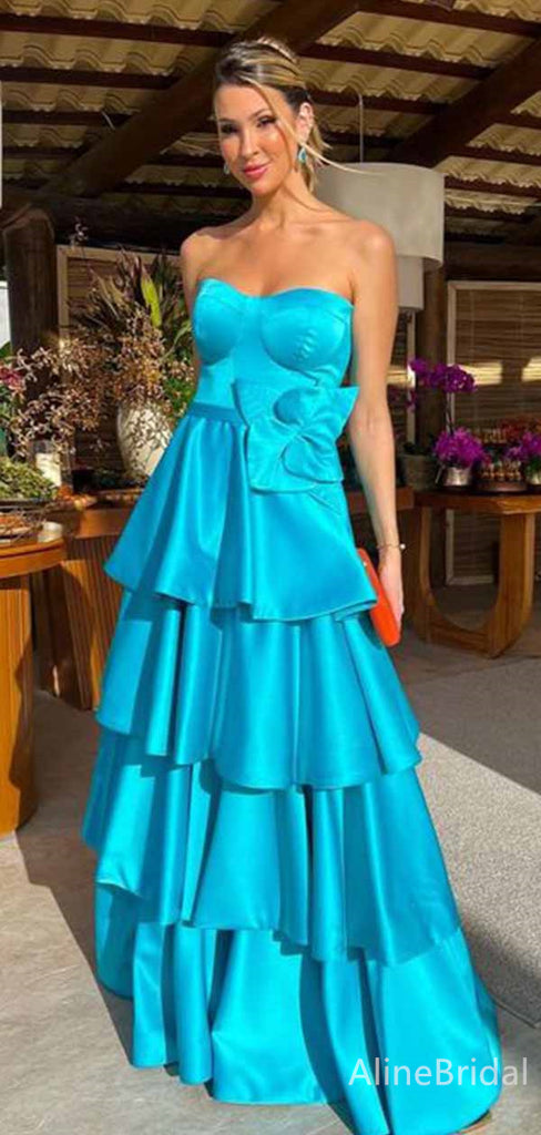 Gorgeous Blue Strapless A-line Long Tiered Prom Dress with Handmade Flower, Evening Dress, PD381869