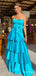 Gorgeous Blue Strapless A-line Long Tiered Prom Dress with Handmade Flower, Evening Dress, PD381869