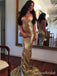 Stunning Gold Deep V-neck Spaghetti Strap Backless Long Mermaid Prom Dress, PD381880