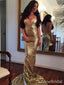 Stunning Gold Deep V-neck Spaghetti Strap Backless Long Mermaid Prom Dress, PD381880