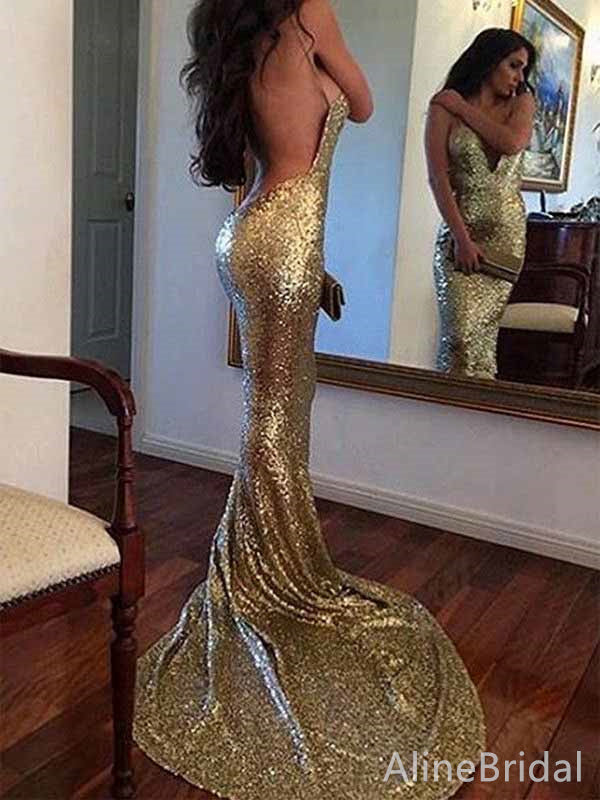 Stunning Gold Deep V-neck Spaghetti Strap Backless Long Mermaid Prom Dress, PD381880