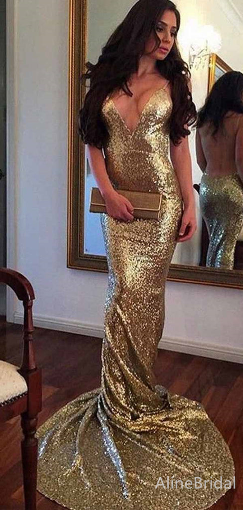 Stunning Gold Deep V-neck Spaghetti Strap Backless Long Mermaid Prom Dress, PD381880