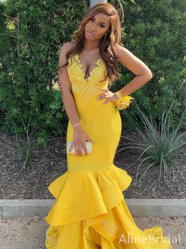 Gorgeous Yellow V-neck Lace Applique Mermaid Long Tiered Ruffles Prom Dress, Evening Dress, PD381885