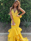 Gorgeous Yellow V-neck Lace Applique Mermaid Long Tiered Ruffles Prom Dress, Evening Dress, PD381885