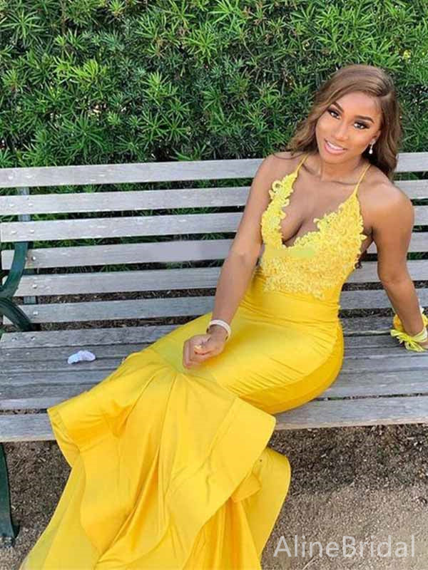 Gorgeous Yellow V-neck Lace Applique Mermaid Long Tiered Ruffles Prom Dress, Evening Dress, PD381885