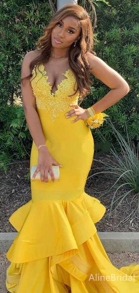 Gorgeous Yellow V-neck Lace Applique Mermaid Long Tiered Ruffles Prom Dress, Evening Dress, PD381885