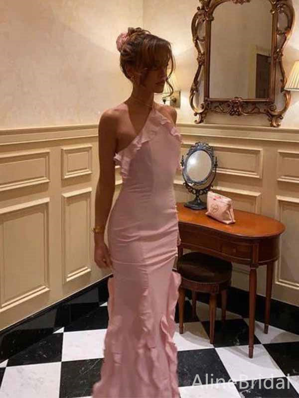 Unique Pink Halter Ruffles Mermaid Long Prom Dress, Evening Dress, PD381888