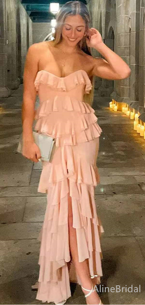 Gorgeous Pink V-neck Strapless High-Low Long Tiered Ruffle Prom Dress, PD381902