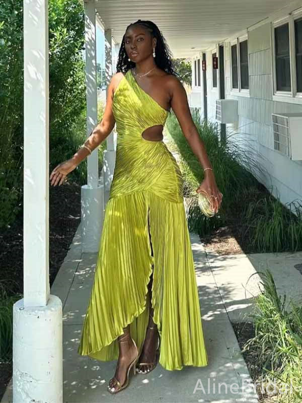 Unique One Shoulder Yellow-Green Pleated A-line Long Prom Dress with Front Slit, PD381905