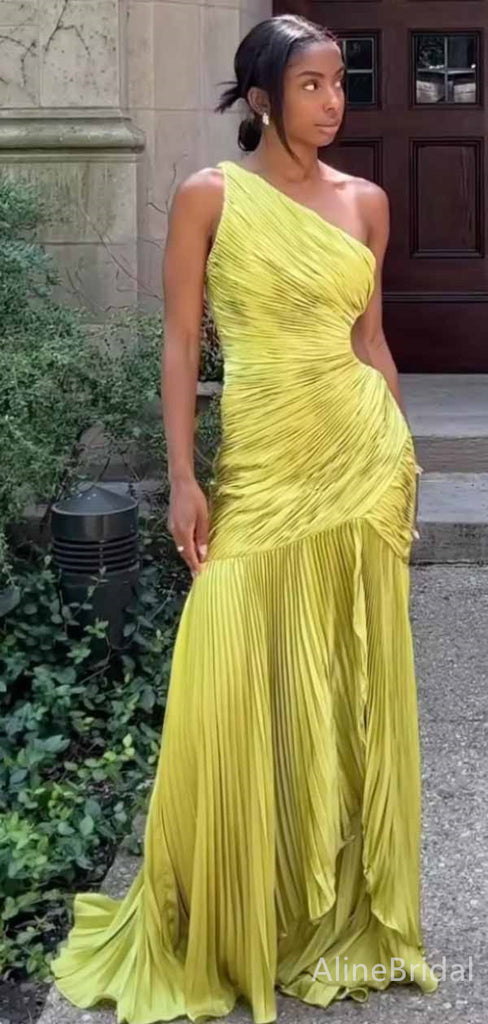 Elegant One Shoulder Pleated Yellow Mermaid Long Prom Dress with Cut-Out, PD381910
