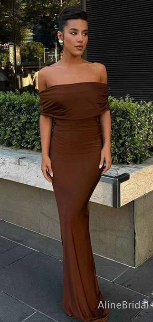 Elegant Off-Shoulder Brown Backless Mermaid Long Prom Dress, Evening Dress, PD381911