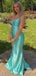 Sparkly Beading Backless Long Teal Green Prom Dress with Slit-V-neck Spaghetti Strap Evening Dress, PD381922