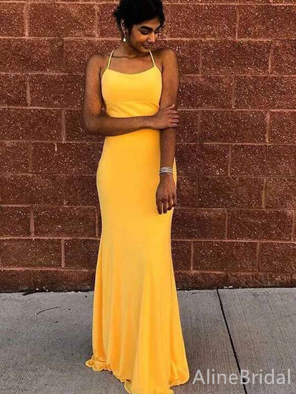 Simple Yellow Spaghetti Strap Mermaid Long Prom Dress, PD381930