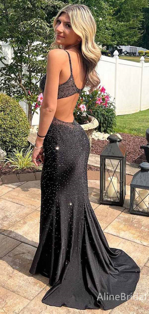 Sparkly V-neck Black Spaghetti Strap Mermaid Long Prom Dress, Evening Dress, PD381931