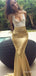 Sexy Gold Deep V-neck Spaghetti Strap Long Mermaid Prom Dress, PD381941