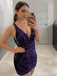 Sparkly Purple Sequins Deep V-neck Short Tight Homecoming Dress, HD328005