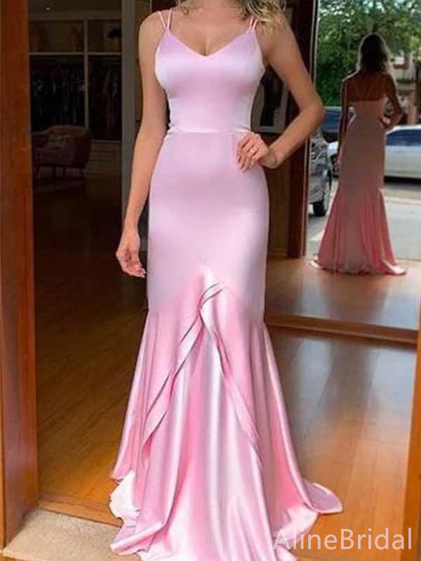 Elegant Pink V-neck Spaghetti Strap Long Prom Dress, Evening Dress, PD381946