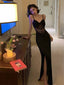 Sexy Black V-neck Sheer Corset  Long Mermaid Lace Evening Dress with Slit, Evening Dress, PD381947