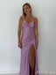 Elegant Lavendar Spaghetti Strap Long Prom Dress with Slit, PD381949