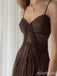 Elegant Brown V-neck Spaghetti Strap A-line Long Tulle Prom Dress,PD381951