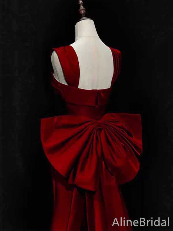 Stunning  Red Square Straps Long Mermaid Prom Dress with Bow Detailing, PD381956