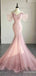 Elegant Pastel Pink V-neck Off-the-Sholder Long Mermaid Tulle Prom Ball Gown with Train, PD381959