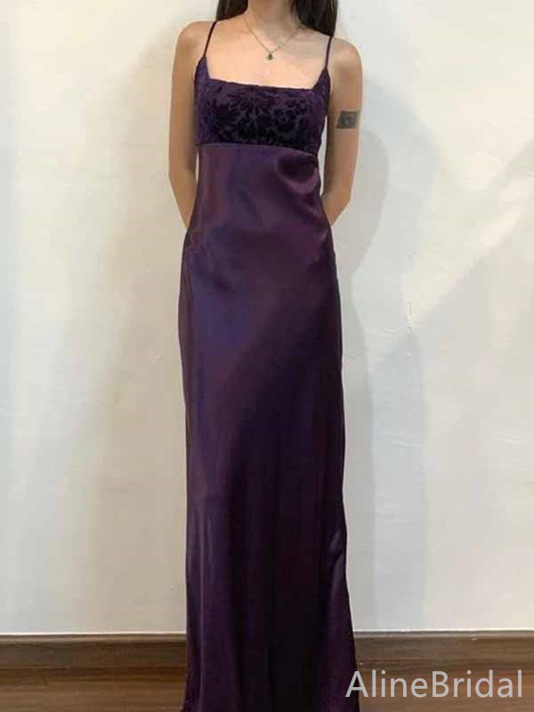 Elegant Purple Square Spaghetti Strap Fit and Flare Long Prom Dress, Evening Dress, PD381961