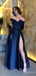 Elegant Navy Blue V-neck Off-the-Shoulder A-line Long Prom Dress with Slit, Evening Dress,PD381962