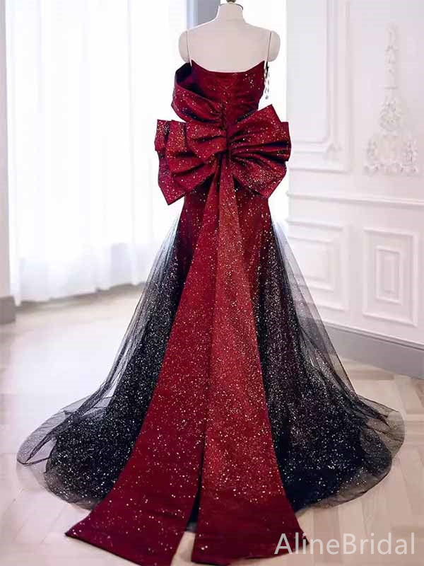 Gorgeous Burgundy Strapless Long Mermaid Black Tulle Prom Ball Gown with Striking Bow, PD381965