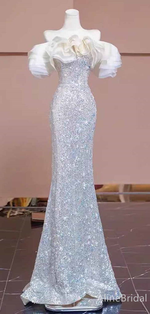 Sparkly Silver Sequins Off-the-Shoulder Strapless Long Mermaid Prom Dress, Evening Dress, PD381970