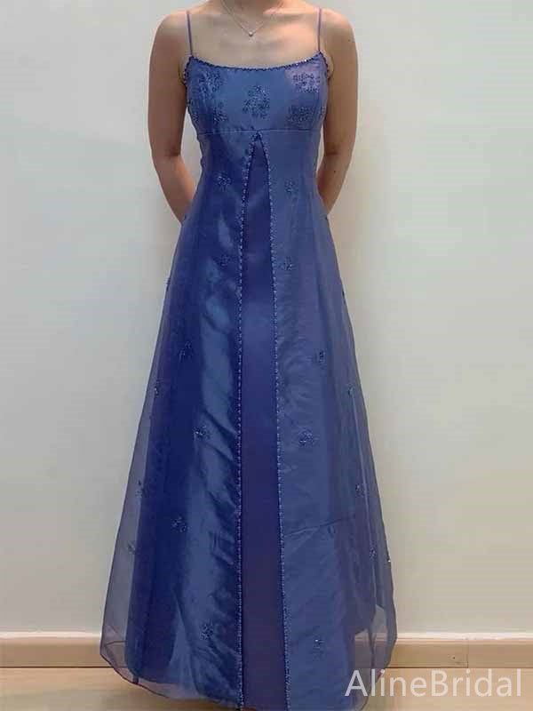Elegant Blue Lace Spaghetti Strap A-line Long Prom Dress with Tulle Detailing,PD381972