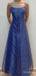 Elegant Blue Lace Spaghetti Strap A-line Long Prom Dress with Tulle Detailing,PD381972