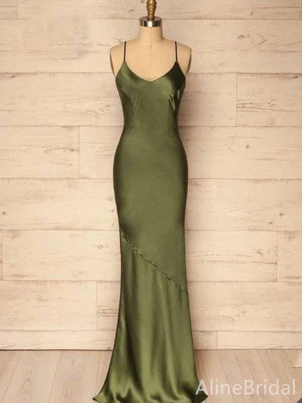 Elegant V-neck Spaghetti Strap Olive Green Long Mermaid Prom Dress, Evening Dress, PD381973