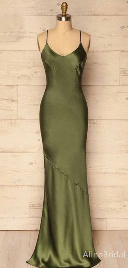 Elegant V-neck Spaghetti Strap Olive Green Long Mermaid Prom Dress, Evening Dress, PD381973