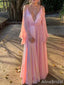 Sexy Pink V-neck Spaghetti Strap Long Sleeves A-line Long Prom Dress, Evening Dress, PD381981
