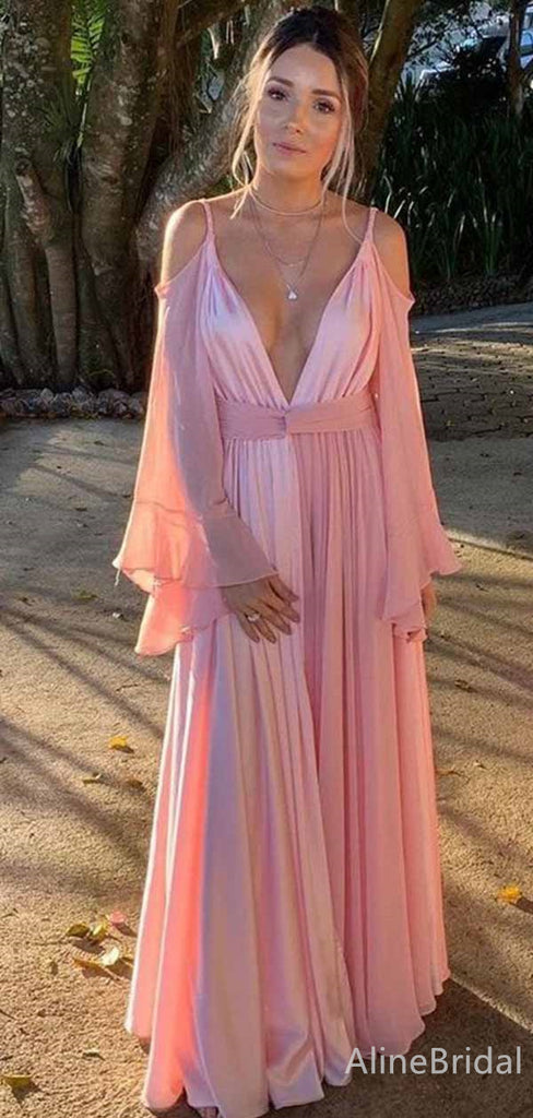 Sexy Pink V-neck Spaghetti Strap Long Sleeves A-line Long Prom Dress, Evening Dress, PD381981