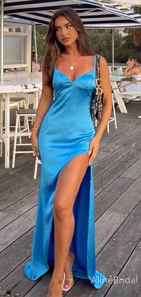 Sexy Blue V-neck Spaghetti Strap Mermaid Long Prom Dress with Side-Slit, Evening Dress, PD381987