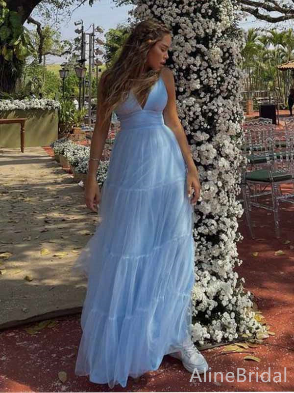 Elegant Blue V-neck Spaghetti Strap A-line Long Tulle Prom Dress, PD381991