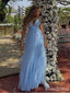 Elegant Blue V-neck Spaghetti Strap A-line Long Tulle Prom Dress, PD381991