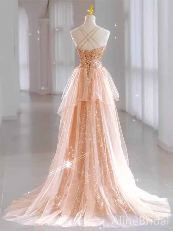 Sparkly Peach Pink Sequins Sweetheart Spaghetti Strap A-line Long Ball Gown with Tulle Panel, PD381995